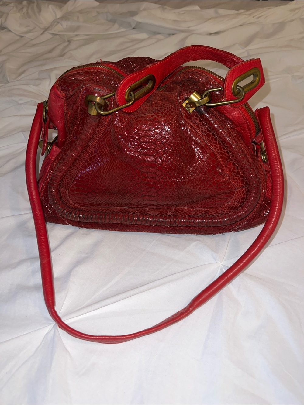 Red Textured Shoulder Bag with Gold Hardware